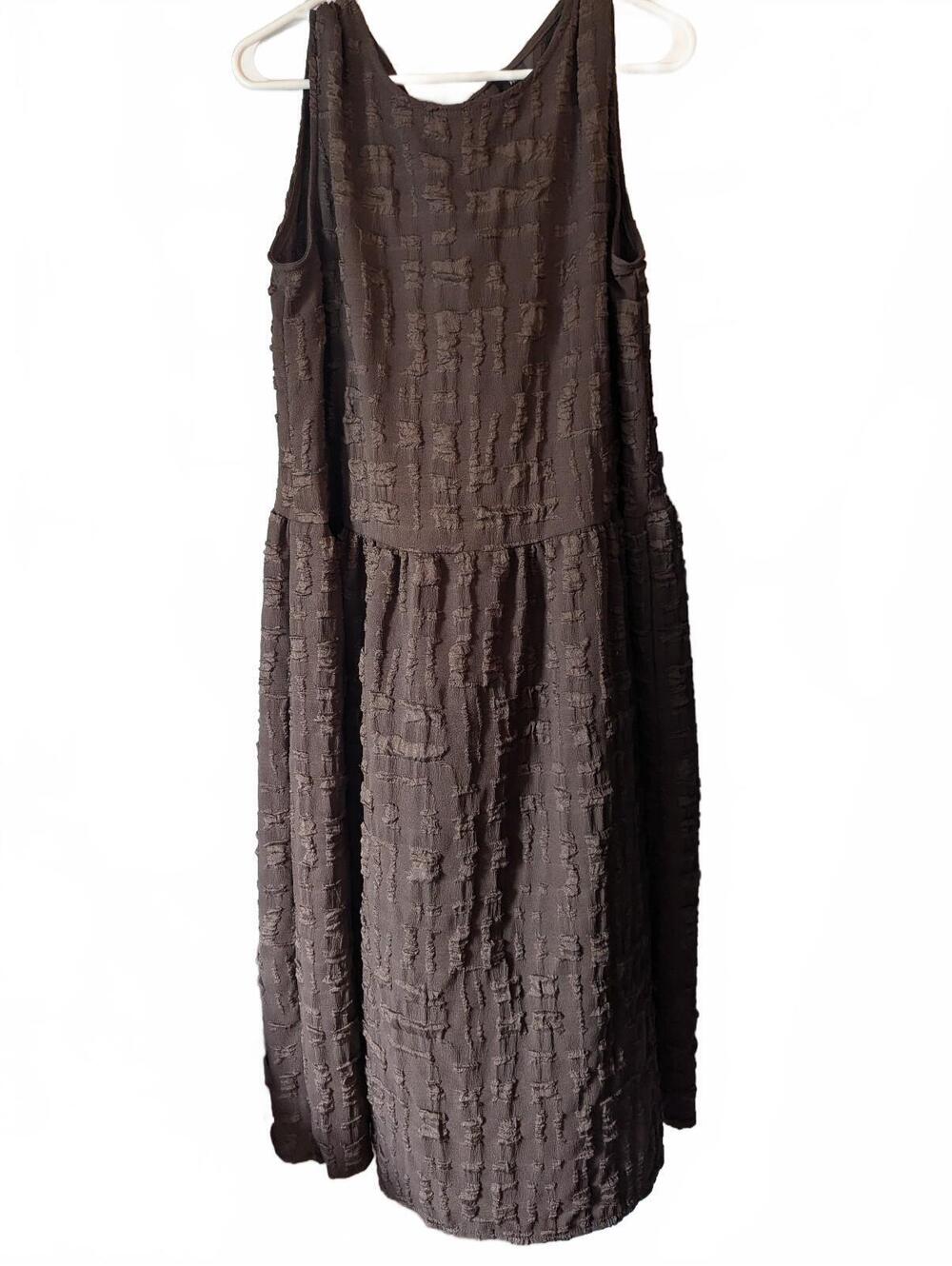 Brown Textured Sleeveless Midi Dress with Back Tie